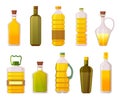 Oil bottles. Sunflower, olive, corn and vegetable cooking oils in glass and plastic packages. Extra virgin organic oil Royalty Free Stock Photo