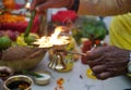 oil brass lamp lit for worship in puja-arati Royalty Free Stock Photo