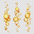 Oil bubbles. Gold cosmetic liquids with keratin, jojoba or collagen. Natural vitamin pills essence. Realistic 3d flying droplets Royalty Free Stock Photo