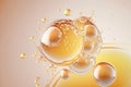 Oil Bubbles Isolated on gold Background, Closeup Collagen Emulsion in Water. Illustration. Gold Serum Droplets.Cosmetic liquid