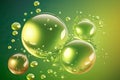 Oil Bubbles Isolated on green Background, Closeup Collagen Emulsion in Water. Illustration. Gold Serum Droplets.Cosmetic liquid