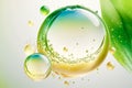 Oil Bubbles Isolated on green Background, Closeup Collagen Emulsion in Water. Illustration. Gold Serum Droplets.Cosmetic liquid Royalty Free Stock Photo