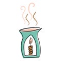 Oil burner. Burning candle. Aromatherapy. Vector doodle illustration. Isolated on white. Royalty Free Stock Photo