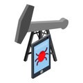 Oil business icon isometric vector. Smartphone with bug and oil pump oilrig icon