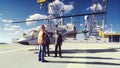 Oil Businessman And Foreman talking at an Oil offshore Platform In the Sea near the helicopter. 3D Rendering