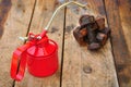 Oil can on wooden background, Lube oil can and used in industry or hard works Royalty Free Stock Photo