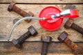 Oil can on wooden background, Lube oil can and used in industry or hard works Royalty Free Stock Photo