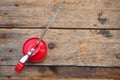 Oil can on wooden background, Lube oil can and used in industry or hard works Royalty Free Stock Photo