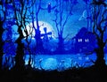 Oil on canvas fantasy painting, night horror landscape background with river, home, moon, trees, fantasy drawing, mysterious dark