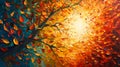 Oil on Canvas Impasto Tree Painting with Vibrant Orange Foliage Made with Palette Knife