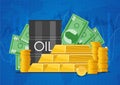 Oil cask, gold bars and piles of money. Business finance markets concept vector illustration