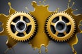 Oil cogwheels interlock. Golden splashes symbolize machinery, efficiency Royalty Free Stock Photo