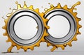 Oil cogwheels interlock. Golden splashes symbolize machinery, efficiency Royalty Free Stock Photo