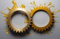 Oil cogwheels interlock. Golden splashes symbolize machinery, efficiency Royalty Free Stock Photo