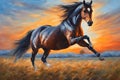 Brown horse running on a field, painted background, oil illustration.