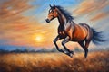 Brown horse running on a field, painted background, oil illustration. Royalty Free Stock Photo