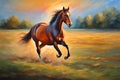 Brown horse running on a field, painted background, oil illustration.