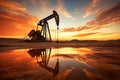 Oil concept. Oil pumping unit. Mining of oil and gas. Oil field area. Pump Jack is working. Drilling rigs for fossil fuel and