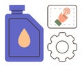 Oil container with a drop, gear icon, and a hand pressing a touchscreen for technical maintenance concept Royalty Free Stock Photo