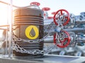 Oil crisis concept. Oil barrel and oil pipe line locked with chain Royalty Free Stock Photo