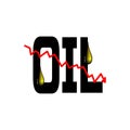 Oil crisis and 3d oil petroleum droplets used for fuel and energy sources. Letters with red zigzag falling trend of