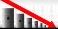 Oil crisis vector concept. Decrease in production volumes, drop in oil and fuel prices. The red arrow of the graph on the