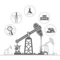 Oil derrick and circle icons with stages of process oil production Royalty Free Stock Photo