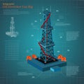 Oil derrick tower or gas rig infographic on blue scheme paper