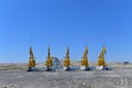 Oil derricks in the desert, near Wuerhe Wind City, at the lower reaches of the Jiamu River, Northern Xinjiang, China