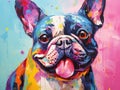 Oil dog painting in multicolored tones. Conceptual abstract painting french bulldog muzzle. Closeup painting