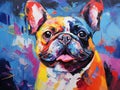 Oil dog painting in multicolored tones. Conceptual abstract painting french bulldog muzzle. Closeup painting