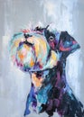 Oil dog portrait painting in multicolored tones. Conceptual abstract painting of a french bulldog muzzle. Closeup of a