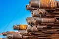 Oil Drill pipe. Rusty drill pipes were drilled in the well section. Downhole drilling rig. Royalty Free Stock Photo