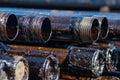 Oil Drill pipe. Rusty drill pipes were drilled in the well section. Downhole drilling rig. Royalty Free Stock Photo