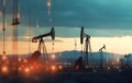 Oil drill rig and drilling derrick. Crude oil Pumpjack on oilfield on sunset. Royalty Free Stock Photo