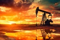 Oil drill rig and drilling derrick. Crude oil Pumpjack on oilfield on sunset. Royalty Free Stock Photo