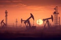 Oil drill rig and drilling derrick. Crude oil Pumpjack on oilfield on sunset. Royalty Free Stock Photo