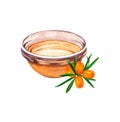 Oil, drop of honey maple syrup sea buckthorn in glass bowl with berry. Natural fresh organic yellow vegetable oil