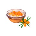 Oil, drop of honey maple syrup sea buckthorn in glass bowl with berry. Natural fresh organic yellow vegetable oil
