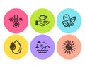Oil drop, Sea mountains and Leaves icons set. Leaf, Thermometer and Sun signs. Serum, Summer travel. Vector