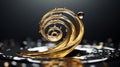 oil drop spiral sludge water droplet on a shiny surface. gold splash of oil from black background with water drops Royalty Free Stock Photo