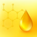 Oil drop vector illustration. Realistic 3d liquid droplet and dna molecule symbol isolated on yellow background. Golden collagen Royalty Free Stock Photo