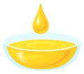 Oil dropping in glass bowl. Cartoon yellow liquid