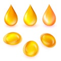 Oil drops vector set. Realistic 3d liquid droplets and bubbles isolated on white background. Golden collagen essence