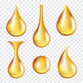 Oil drops. Yellow transparent splashes of machine or cosmetic golden oil vector realistic template
