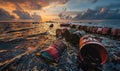 Oil drums and chemical barrels dumped on the sea, environment and ecological problems Royalty Free Stock Photo