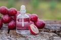 Oil essence and grape on wooden background. Aroma theraty. Relax Royalty Free Stock Photo