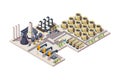 Oil factory. Gas industrial building tanks equipment chemical refineries plants vector isometric illustration