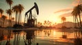 Oil field, oil pumps work in the evening. Oil pump and beautiful sunset reflected in the water, silhouette of a beam pumping plant Royalty Free Stock Photo