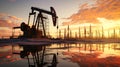 Oil field, oil pumps work in the evening. Oil pump and beautiful sunset reflected in the water, silhouette of a beam pumping plant Royalty Free Stock Photo